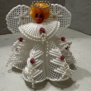 Vintage Handmade Canvas Yarn Angel Christmas Tree Pearl Pink Roses 1970s